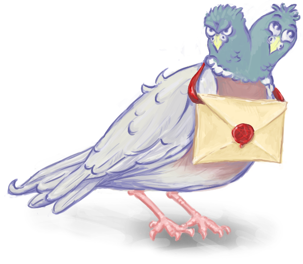 A two-headed pigeon carrying a letter
